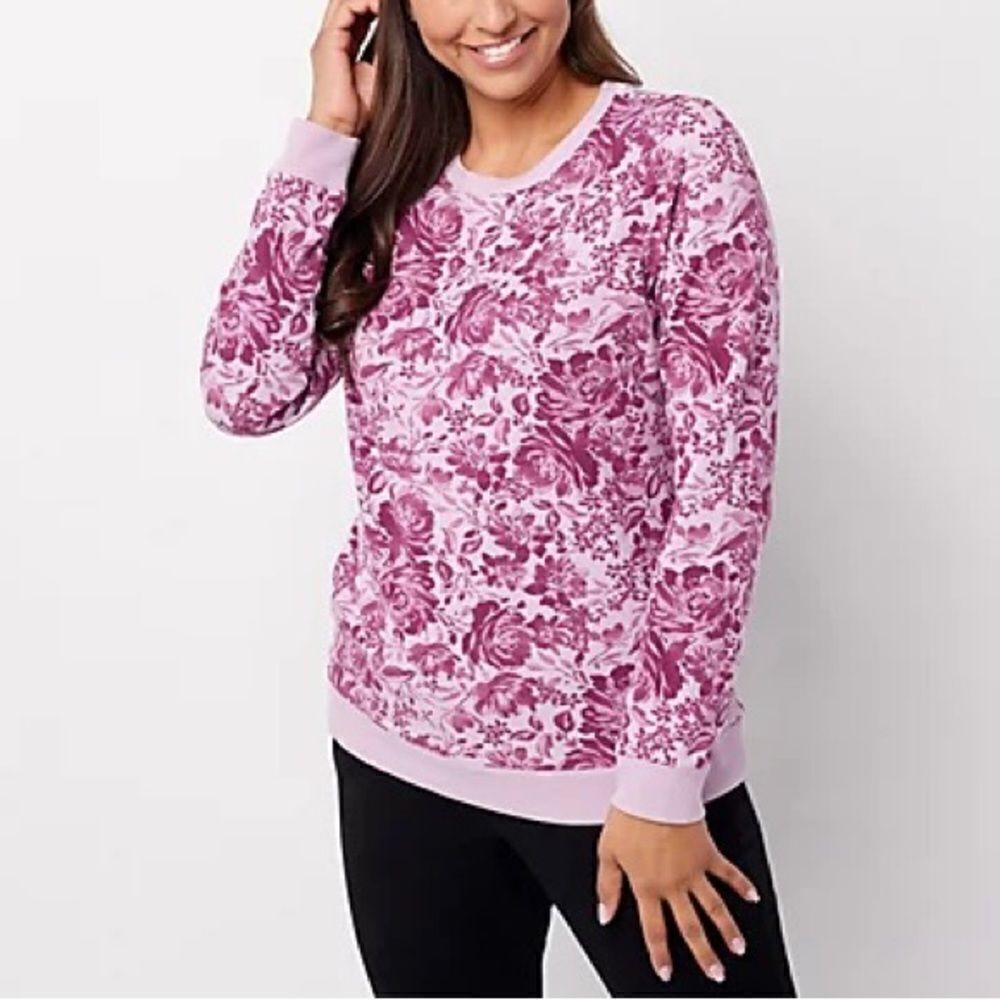 Denim & Co. Printed French Terry Round Neck Sweatshirt